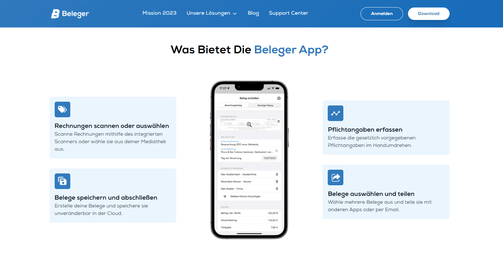 Beleger app interface