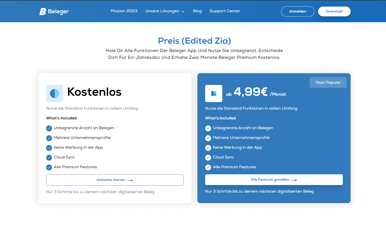Beleger pricing page