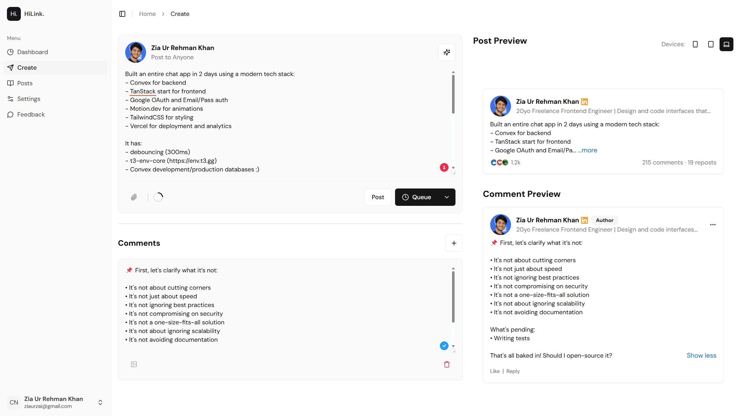 Hilink posts dashboard